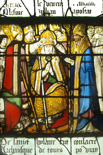 St Martin being made Bishop of Tours, panel 9, sixteenth century, St Martin window, Church of St Florentin, France
