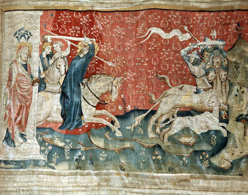 First battle of the end, Christ charging,  Angers Apocalypse tapestry, 1377-82, commissioned by Louis I duc d
