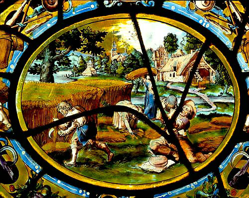 August, wheat harvest, one of the Labours of the Months, sixteenth century, vitraux de Montigny, Rouen Museum, France