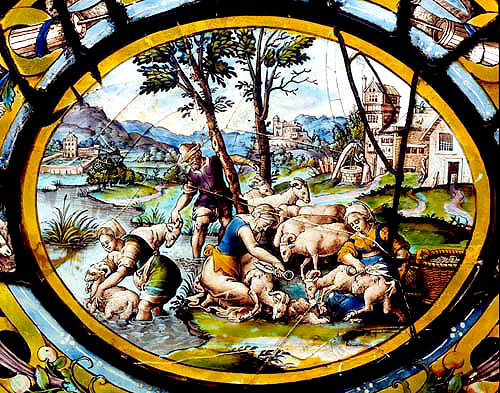 June, sheep shearing, one of the Labours of the Months, sixteenth century, vitraux do Montigny, Rouen Museum, France