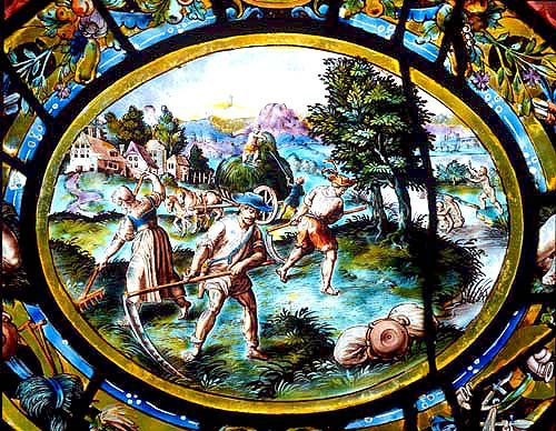 May, scything, one of the Labours of the Months, sixteenth century, vitraux de Montigny, Rouen Museum, France