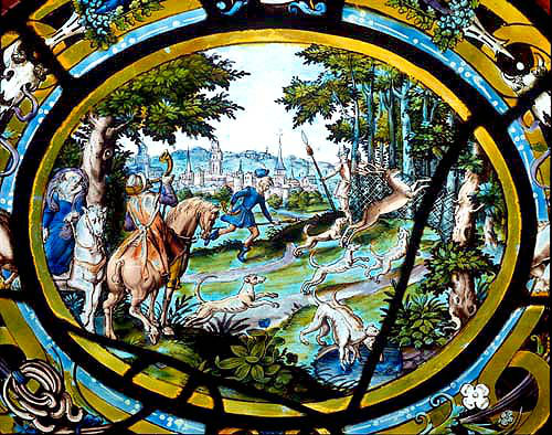 April, one of the Labours of the Months, sixteenth century, vitraux de Montigny, Rouen Museum, France