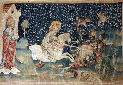 First battle of the end, Angers Apocalypse tapestry, 1377-82, commissioned by Louis I duc d
