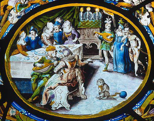 January, feasting, sixteenth century, one of the Labours of the Month,  vitraux de Montigny, Rouen Museum, France