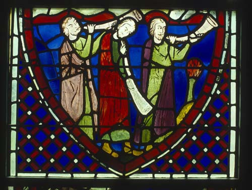 Three Jews blowing horns, 13th century stained glass, originally in La Sainte Chapelle, now in Rouen Museum, France