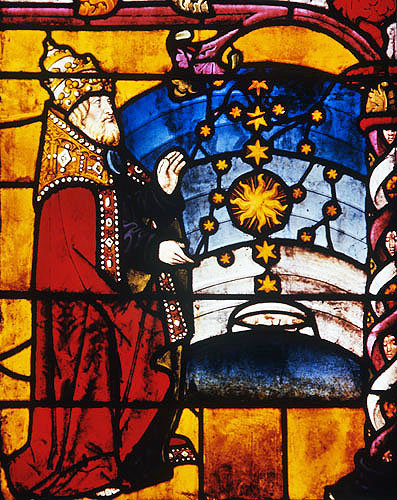 Creation of sun, moon and stars, panel from Creation window, sixteenth century, Church of La Madeleine, Troyes, France