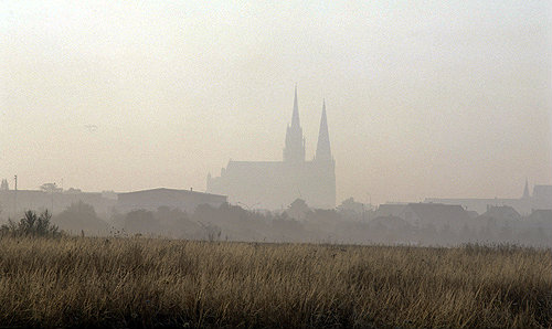 Chartres Cathedral across cornfields from north east at dawn, Chartres, France