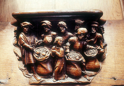 Misericord of Joseph hiding the cup, sixteenth century, Amiens Cathedral, France