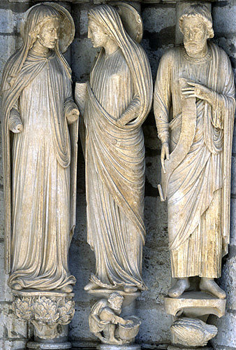 Chartres Cathedral, north porch, left bay, right jamb, the Visitation, Elizabeth, Mary, Daniel, thirteenth century architectural sculpture