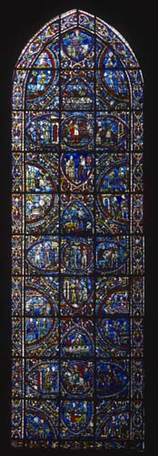 Prodigal son window, 13th century stained glass, Chartres cathedral, France