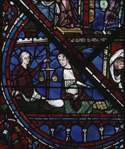 Joseph window, money changers donors, 13th century stained glass, Chartres Cathedral, France