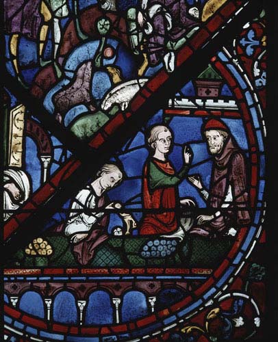 Joseph window, money changers donors, 13th century stained glass, Chartres Cathedral, France