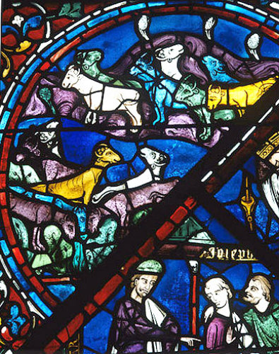 Seven fat kine eaten by seven lean kine, detail from 1210 Joseph window, Chartres Cathedral, France