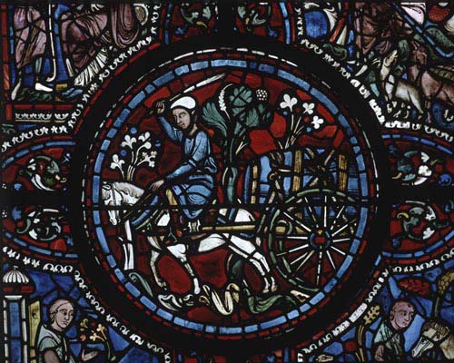 Wine cart, detail from St Lubin window, 13th century stained glass, Chartres Cathedral, France