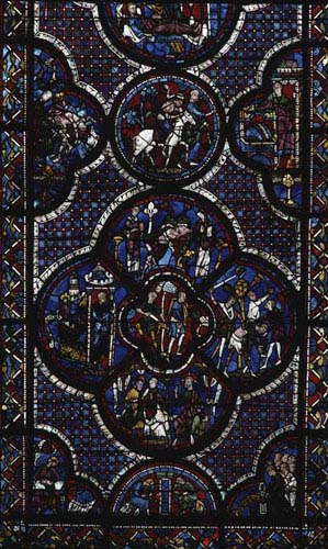 Parable of the Good Samaritan, donors the shoemakers, Creation window, 13th century stained glass, Chartres Cathedral, France