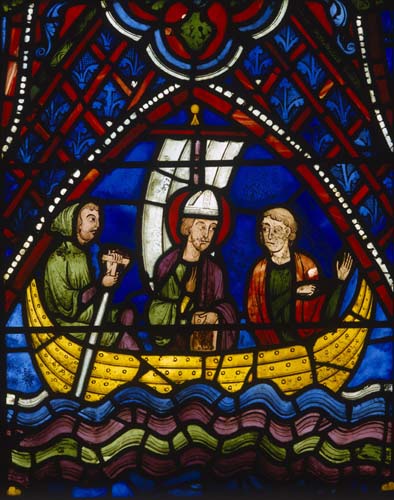 St Apollinaris going into exile, 13th century stained glass, south transept, Chartres Cathedral, France