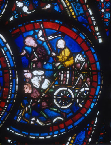 Cart bringing provisions to builders of the Cathedral, detail from Miracles of Mary window, circa 1210, Chartres Cathedral, France