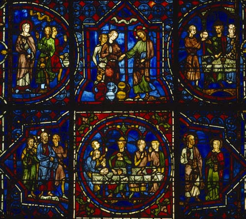 Six scenes from the marriage at Cana, 13th century stained glass, south ambulatory, Chartres Cathedral, France 