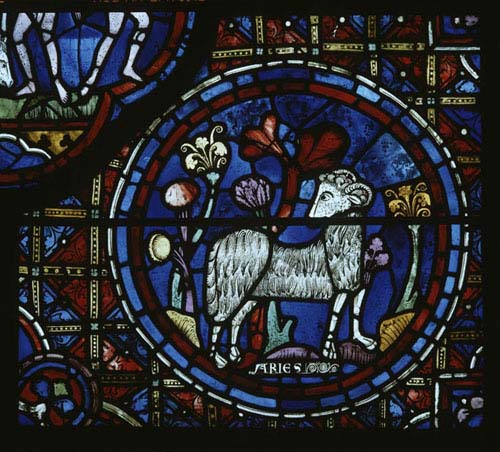 Aries, Zodiac window, 13th century stained glass, south ambulatory, Chartres Cathedral, France