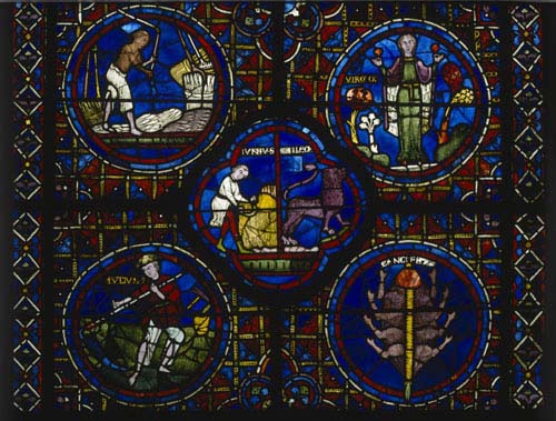 Cancer June,  Leo July, Zodiac Window, 13th century stained glass, Chartres Cathedral, France