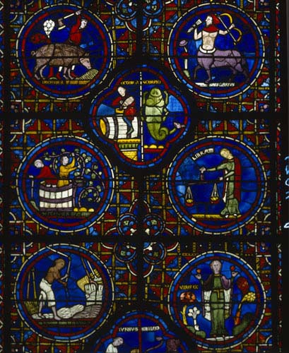 Zodiac window,  13th century stained glass, south ambulatory, Chartres Cathedral, France