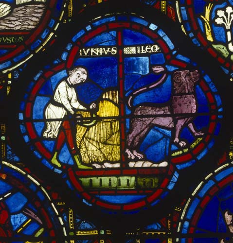 July, although named Junius, Zodiac Window, 13th century stained glass, south ambulatory, Chartres Cathedral, France