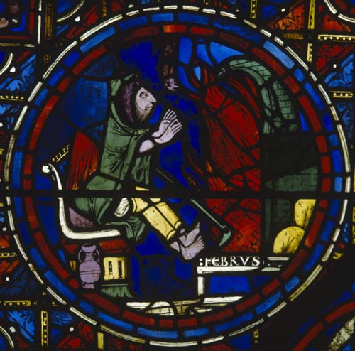 February, Zodiac wiindow, 13th century stained glass, south ambulatory, Chartres Cathedral, France