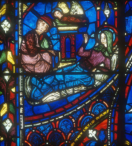 Life of the Virgin, window 16, panel 16, the Nativity, thirteenth century, south ambulatory, Chartres Cathedral, France