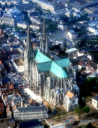 Aerial view, east south east aspect, Chartres Cathedral, France