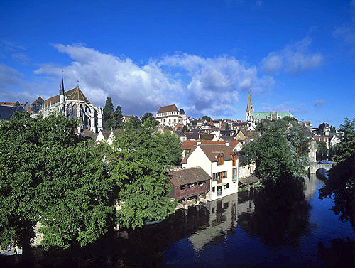 View of St Pierre, St Aignan and Cathedral from River Eure, Chartres, France