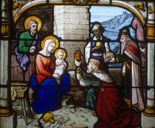 Adoration of the Magi, 19th century stained glass, Church of St Aignan, Chartres, France