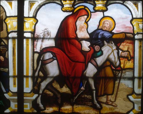Flight into Egypt, 19th century stained glass, Church of St Aignan, Chartres, France
