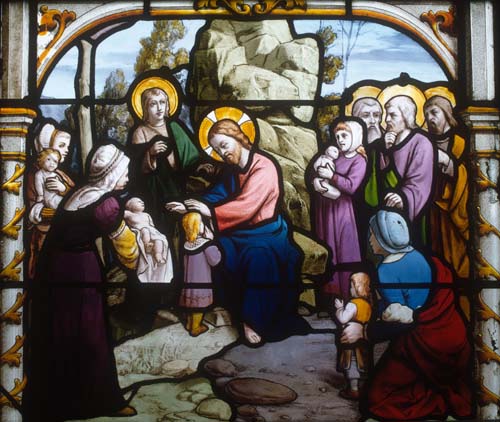 Jesus blessing little children, 19th century stained glass, Church of St Aignan, Chartres, France