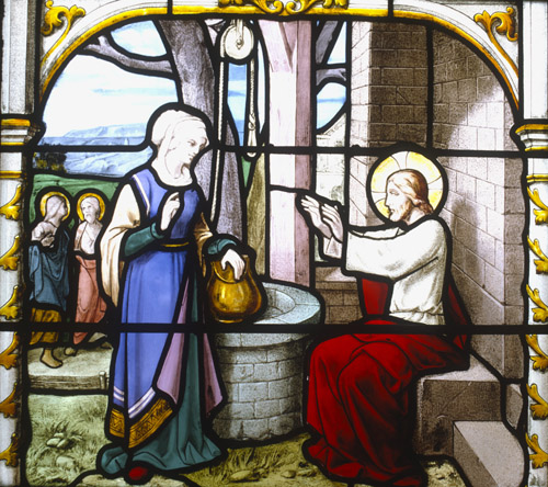 Jesus and the woman of Samaria, 19th century stained glass, Church of St Aignan, Chartres , France