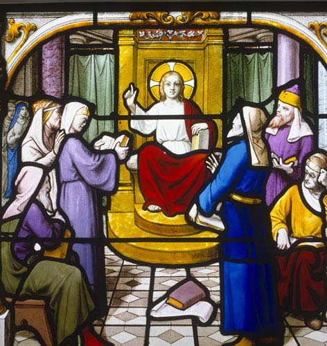 Christ-child in the temple, 19th century stained glass, Church of St Aignan, Chartres, France