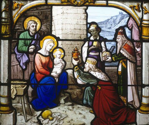 The Adoration of the Magi from the Church of St Aignan in Chartres, France, 19th century stained glass