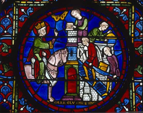 Charlemagne builds a church in Spain, Charlemagne window, 13th century stained glass, Chartres Cathedral, France