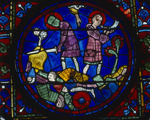 Roland trying to break his sword, Durendal, left and Roland blowing his horn, Oliphant, right, 13th century stained glass, Chartres Cathedral, France