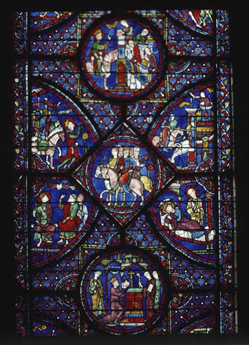 Scenes from the Charlemagne window, 13th century stained glass, Chartres Cathedral, France