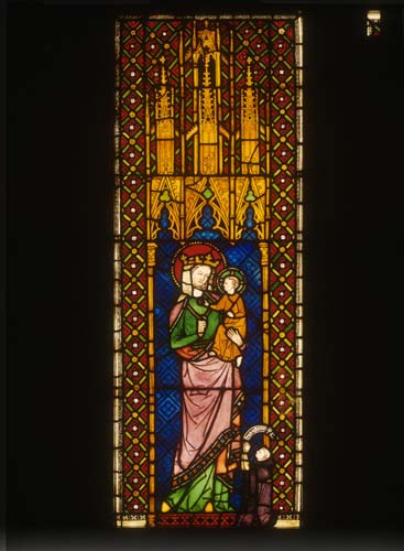 Virgin and child with donor monk, stained glass 1300, Munster Landesmuseum, Germany