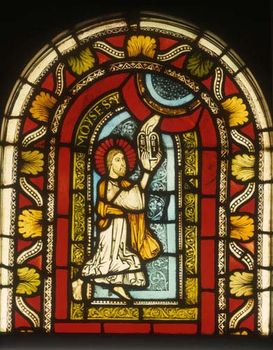 Moses receives the tablets, by Master Gerlachus,  stained glass 1150-60, Munster Landesmuseum, Germany