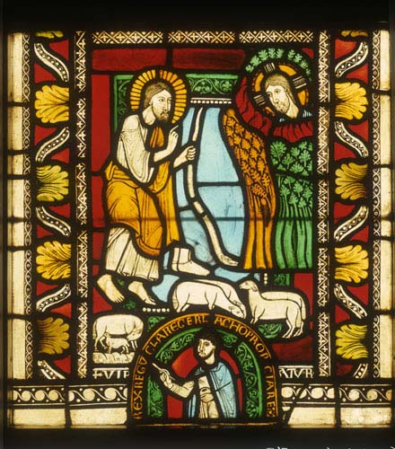 Moses and the burning bush, with self-portrait by Master Gerlachus, stained glass 1150-60, Munster Landesmuseum, Germany