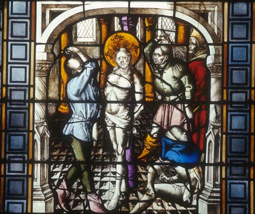 Flagellation, 15th stained glass, Passion window Sacraments Chapel, Cologne Cathedral, Germany