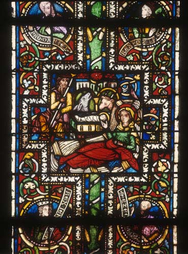 Nativity, 13th century stained glass, Bible window, Three Kings Chapel, Cologne Cathedral, Germany