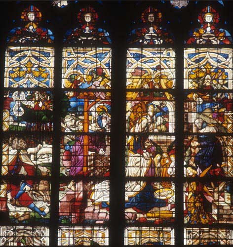 Nativity with angels and shepherds, 16th century stained glass, Cologne Cathedral, Germany