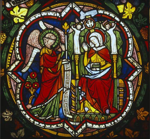 Annunciation, stained glass panel 1280-90, Chapel of St Stephen, Cologne Cathedral, Germany
