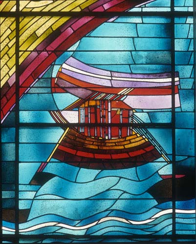 Noahs Ark, 20th century stained glass by Georg Meistermann, Marienkirche, Kalk, Cologne, Germany