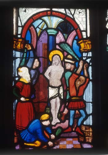 Flagellation, 15th century stained glass by Hans Acker, Besserer Chapel, Ulm Cathedral, Germany