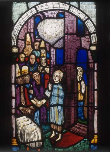 Christ-child teaching in the Temple, 15th century stained glass by Hans Acker, Besserer Chapel, Ulm Cathedral, Germany
