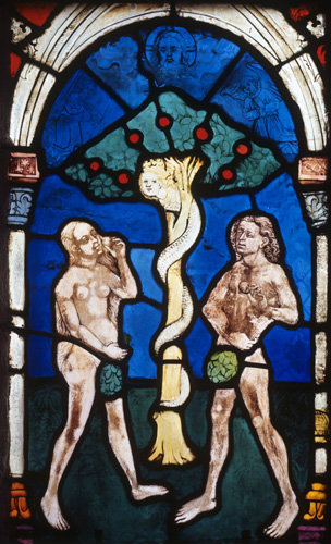 Temptation of Adam and Eve panel in the Besserer Chapel Ulm Munster by Hans Acker 15th century